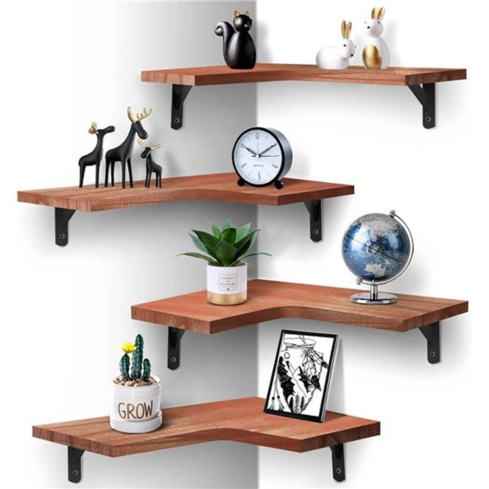 Floating Corner Shelves, Wall Shelves Set of 4, Wall Mounted Wood Shelves (Red)